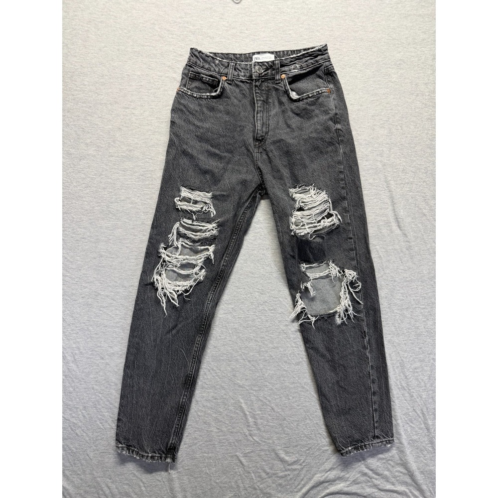 Zara‎ High Waisted Mom Jeans Womens 4 Dark Gray Denim Cotton Ripped Distressed